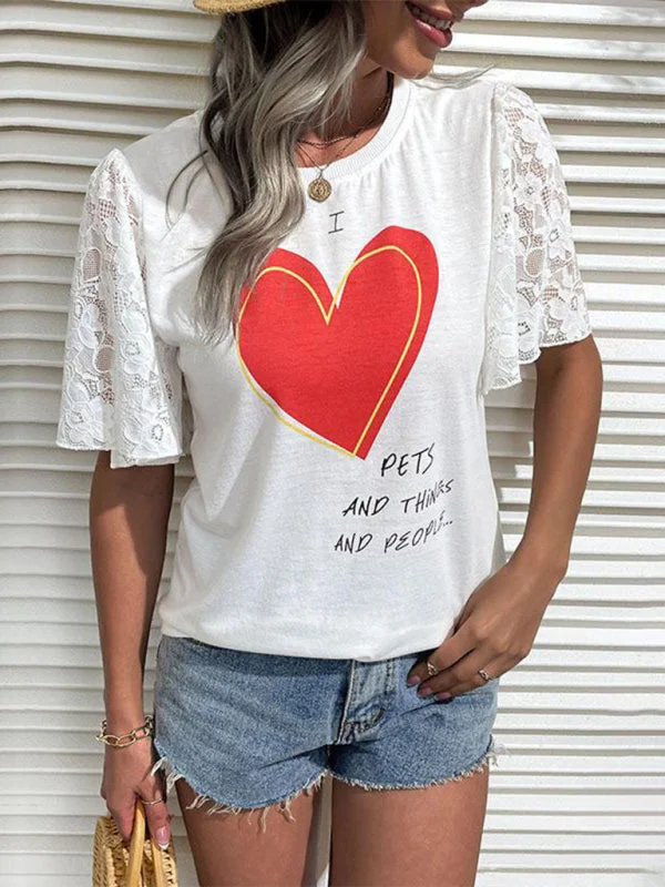 Vintage T-ShirtsLace Accent Love Print Tee - Crew Neck T-Shirt for Summer