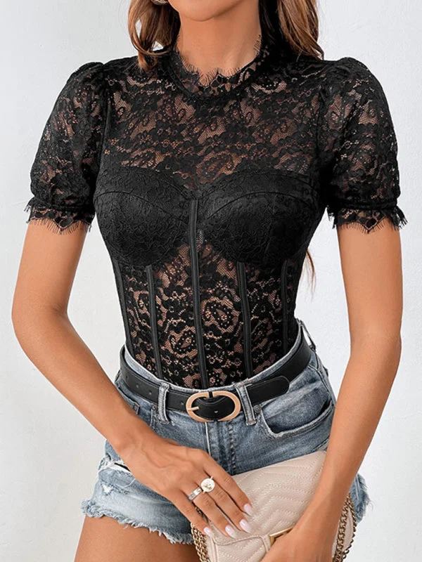 V-Neck T-ShirtsFloral Lace Bodysuit | Disco Night's See-Through Tight Top