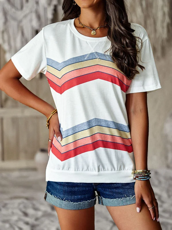 Metallic T-ShirtsRainbow Stripe Print Short Sleeve T-Shirt