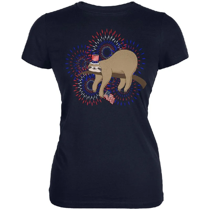 Leather-Paneled T-Shirts4th Of July Sloth Patriotic Cute Fireworks Juniors Soft T Shirt