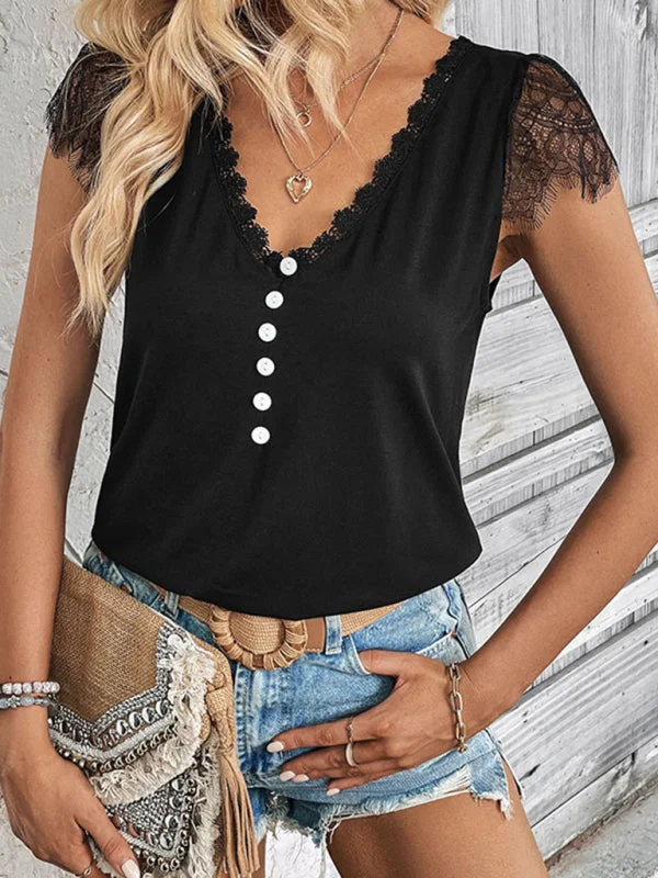 Crewneck T-ShirtsShort Sleeves V-Neck Blouse | Lace Accents & Half Button-Up Top