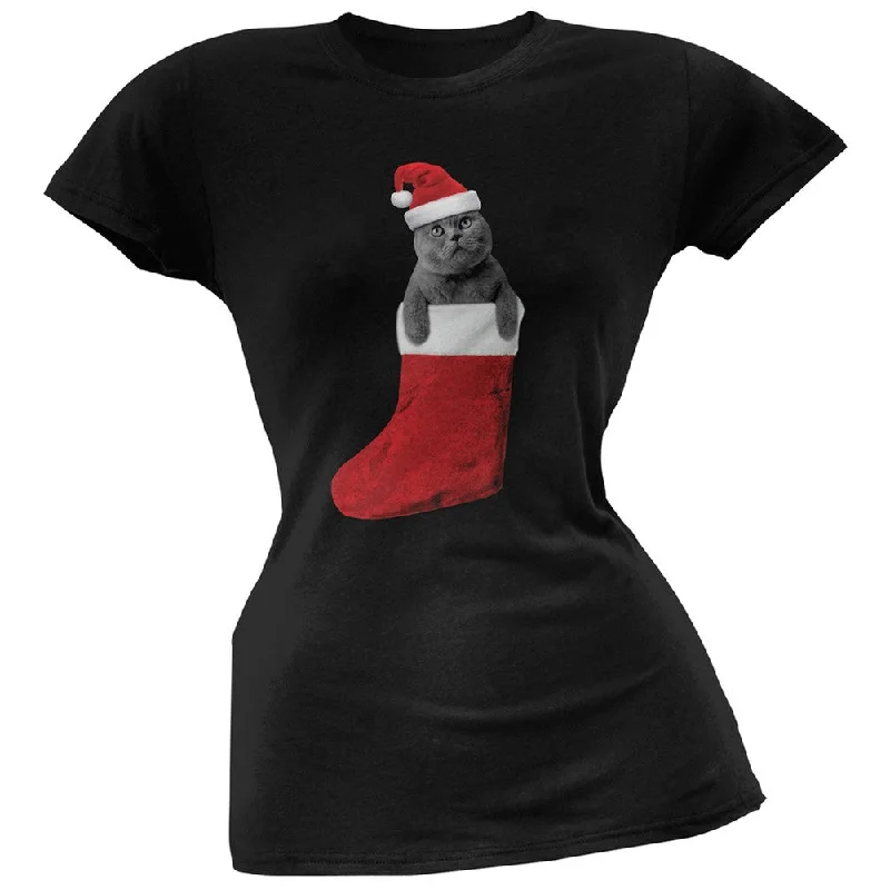 Studded T-ShirtsChristmas Stocking Cat Black Juniors T-Shirt