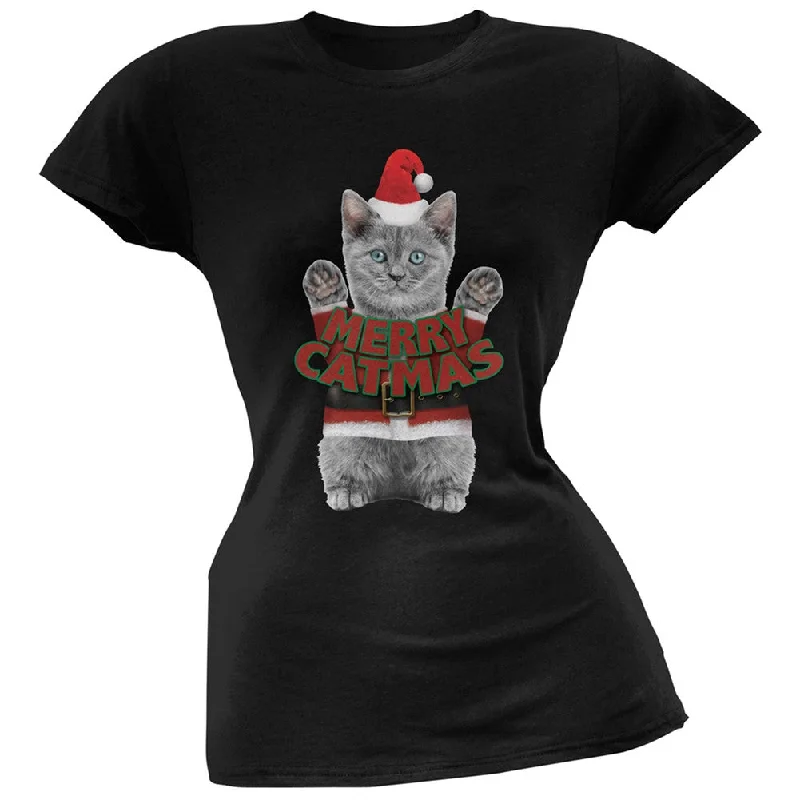 Glitter T-ShirtsMerry Catmas Santa Christmas Cat Black Soft Juniors T-Shirt