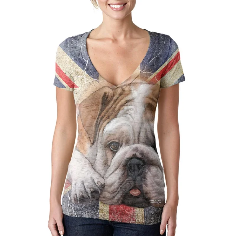 Thermal T-ShirtsEnglish Bulldog Union Jack Flag Live Forever Juniors Burnout V-Neck T-Shirt