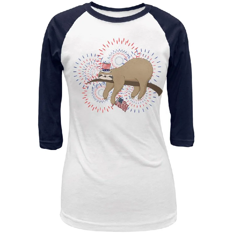 Sheer T-Shirts4th Of July Sloth Patriotic Cute Fireworks Juniors 3/4 Raglan T Shirt