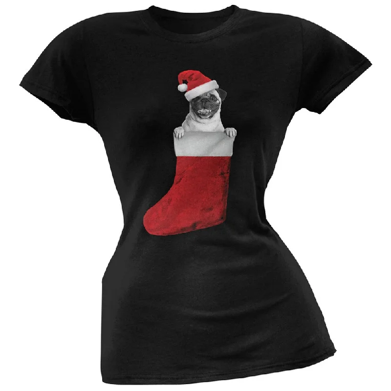 Lace-Up T-ShirtsChristmas Stocking Pug Black Soft Juniors T-Shirt