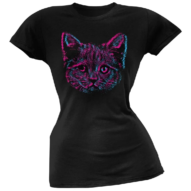 French Terry T-Shirts3D Cat Face Black Soft Juniors T-Shirt