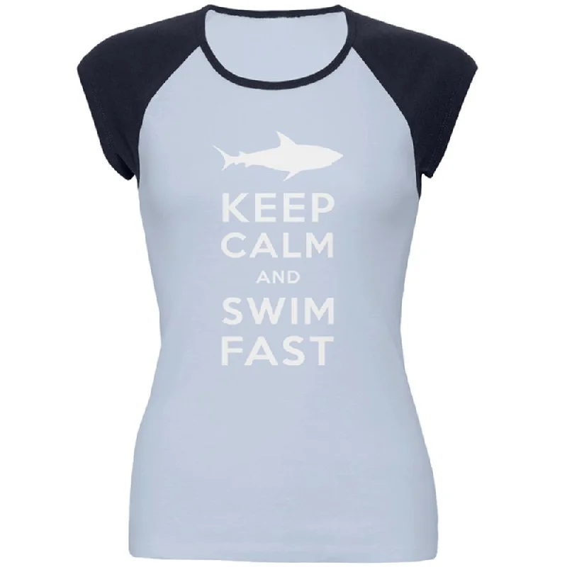 Camping T-ShirtsShark Keep Calm and Swim Fast Juniors Cap-Sleeve Raglan T Shirt