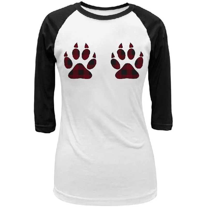 Casual T-ShirtsPlaid Bear Paw Boobs Juniors 3/4 Sleeve Raglan T Shirt