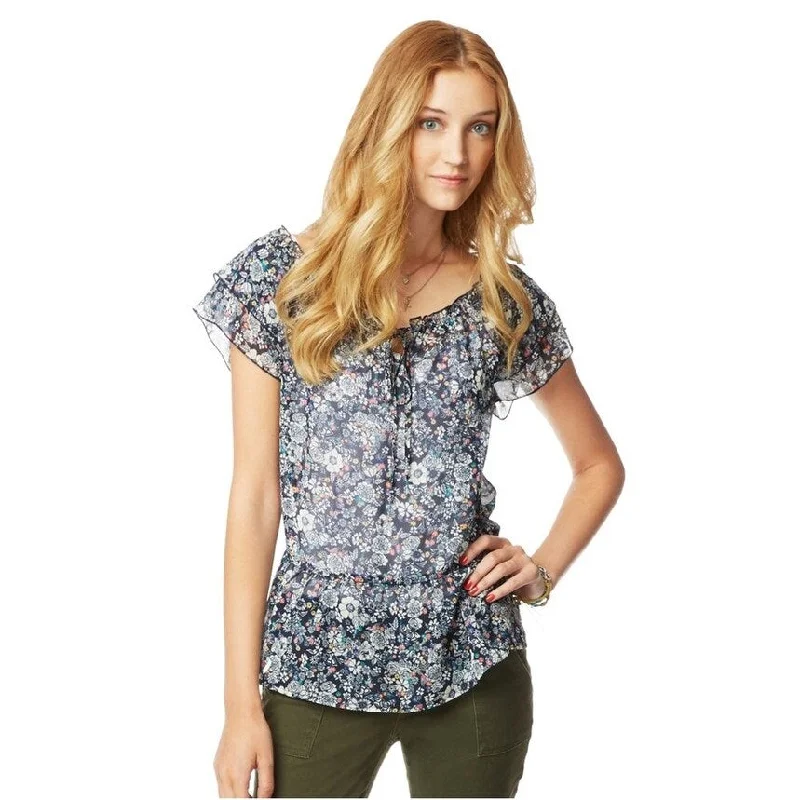 Aeropostale Womens Floral Chiffon Baby Doll Blouse, Blue, SmallHunting Shirts