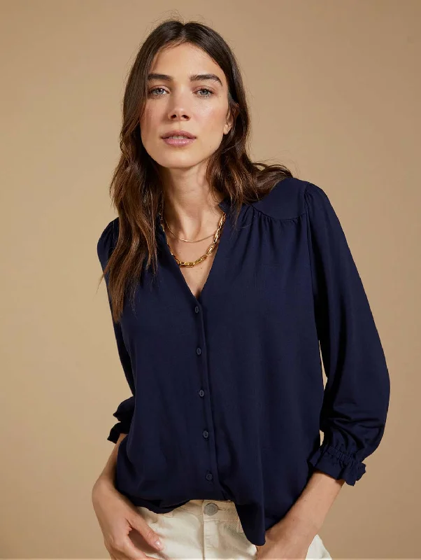 Annie LENZING™ ECOVERO™ Ruffle Collar Blouse | Classic NavyHiking Shirts