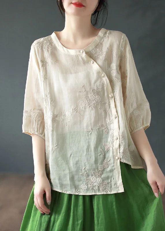 Apricot Embroidered Patchwork Linen Blouses O Neck Half SleeveButton-Down Shirts