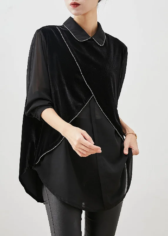 Art Black Asymmetrical Patchwork Silk Velour Blouses SpringFestival Shirts