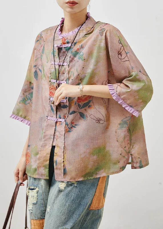 Art Khaki Ruffled Print Chinese Button Linen Blouse Tops SummerSleep Shirts