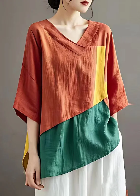 Art Orange Asymmetrical Patchwork Linen Blouse Tops SummerDress Shirts