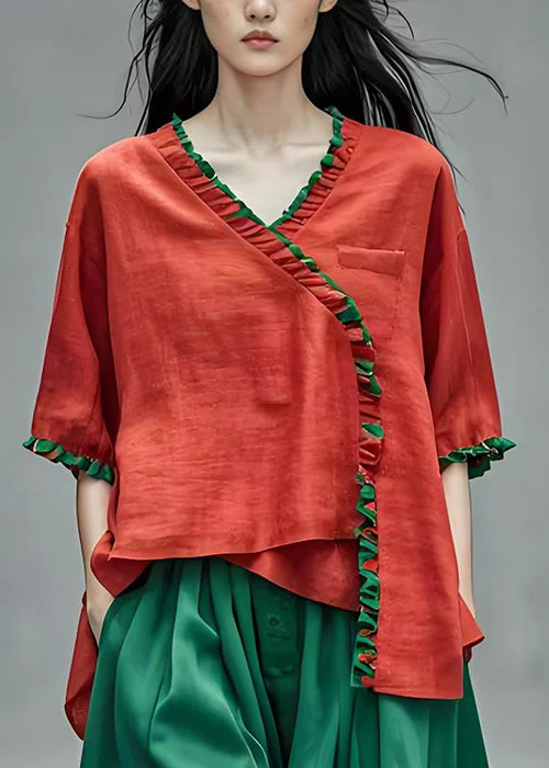 Art Red Ruffled Asymmetrical Patchwork Cotton Blouses SummerOutdoor Shirts