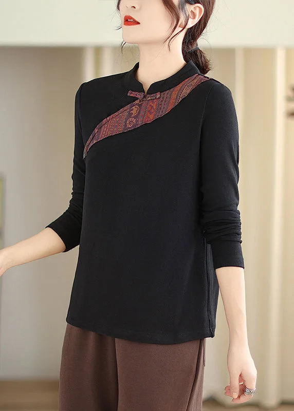 Black Chinese Button Patchwork Cotton Blouses Stand Collar FallHunting Shirts