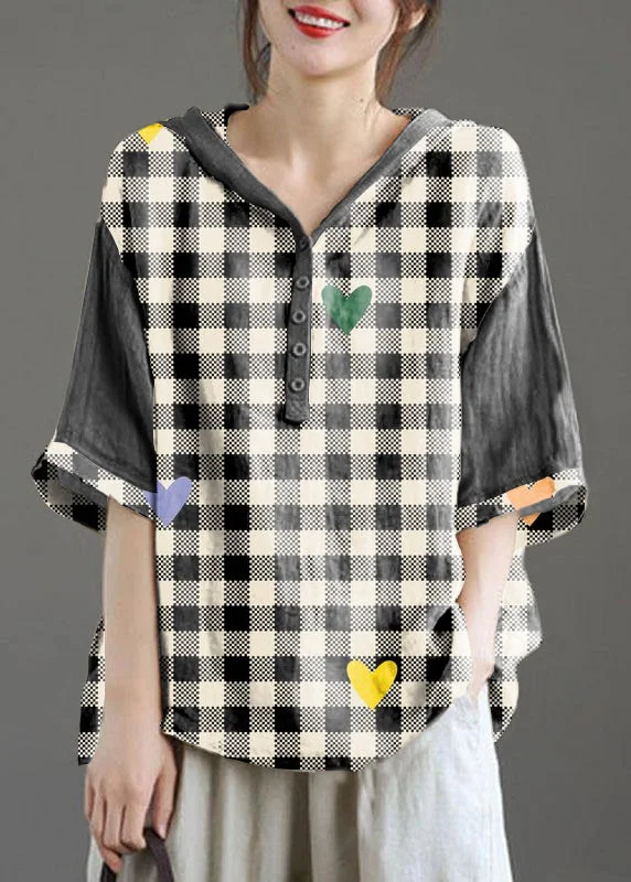 Black Plaid Hooded Patchwork Summer Linen BlousesStreetwear Shirts