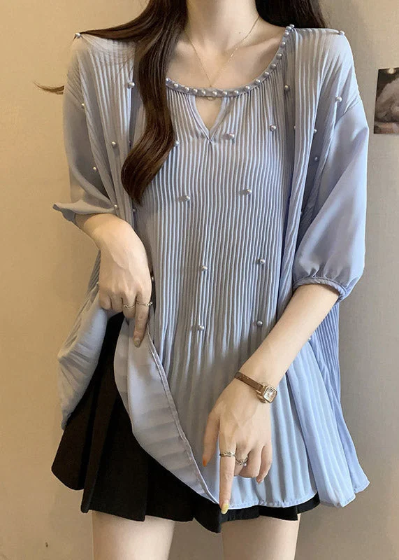 Blue Nail Bead Patchwork Chiffon Blouses O-Neck Half SleeveLogo Shirts