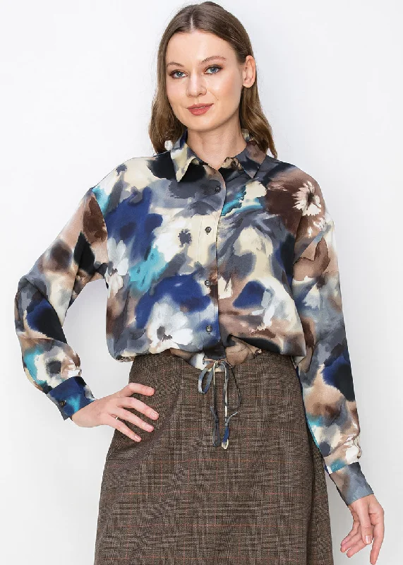 Blue Watercolor Floral BlouseVelvet Shirts