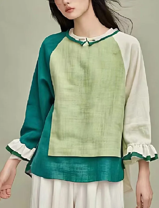 Boho Grass Green Asymmetrical Patchwork Linen Blouse Top SummerFitted Shirts