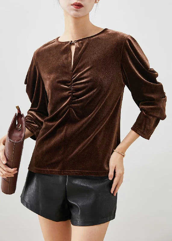 Chocolate Silk Velour Blouses Wrinkled Puff SleeveHunting Shirts