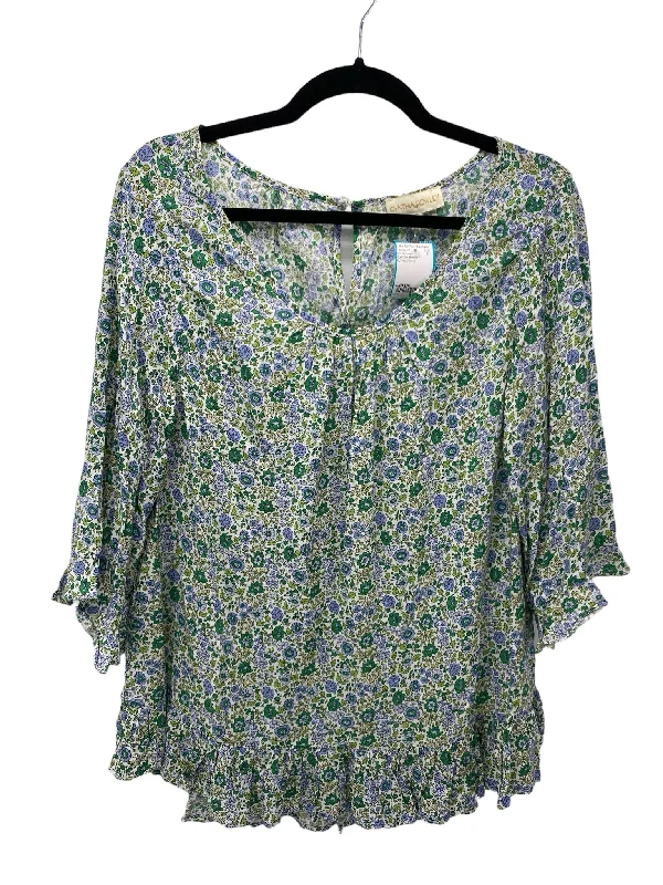 Cynthia Rowley Misses Size Large White Floral 3/4 BlouseRelaxed Fit Shirts