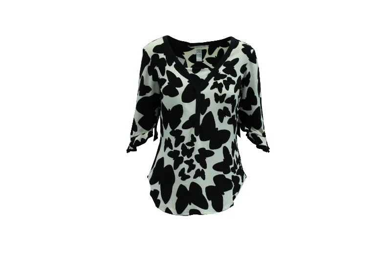 Diane Von Furstenberg Retta Butterfly Print Blouse in Black and White SilkDenim Shirts