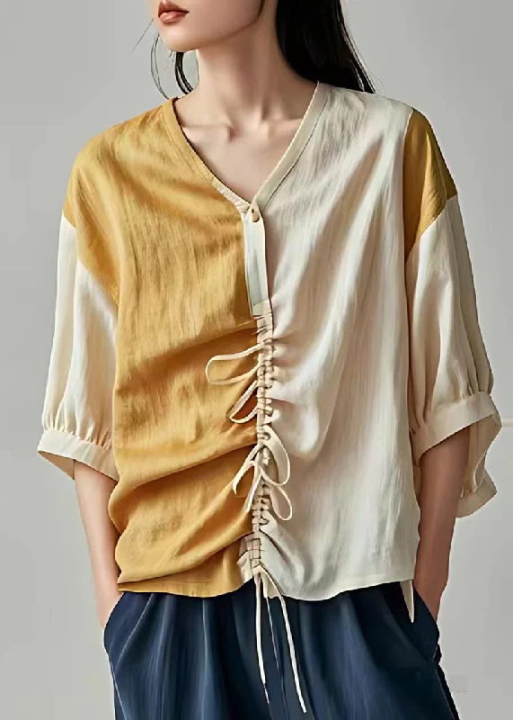 DIY Beige Cinched Asymmetrical Design Linen Blouse Top SummerCasual Shirts