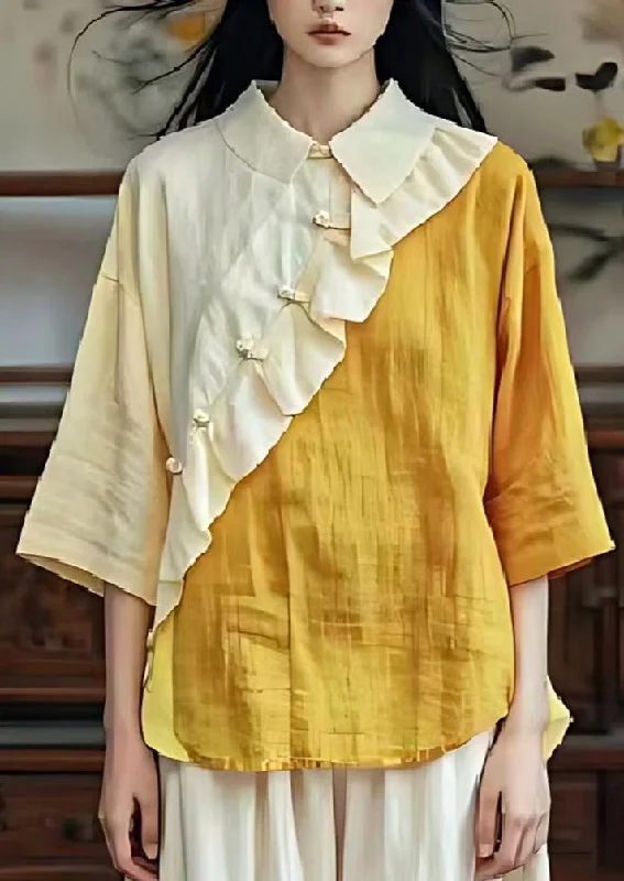 diy Yellow Ruffled Patchwork Linen Blouse Top Half SleeveGraphic Shirts