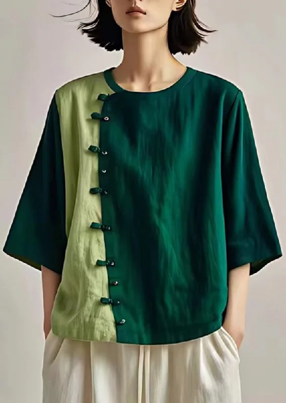 Dull Green Patchwork Linen Blouse Top Chinese Button SummerAsymmetrical Shirts