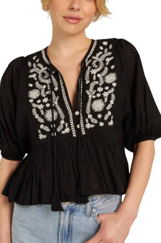 Embroidered Puff Sleeve Blouse Top In BlackOversized Shirts