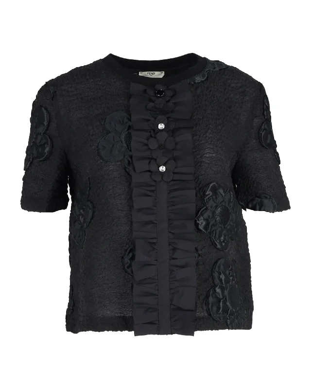 Fendi Embroidered Flower Blouse in Black WoolLuxury Shirts