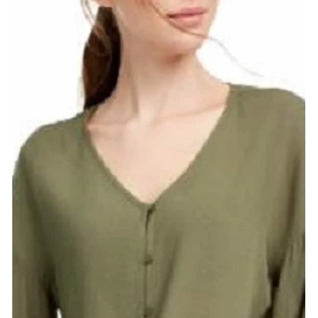 Freshman Juniors' Flare-Sleeved Tie-Waist Blouse Green Size SmallLinen Shirts