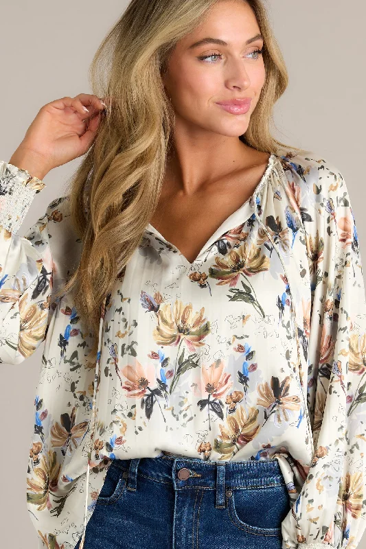 Golden Orchid Ivory Floral Balloon Sleeve BlouseFloral Shirts