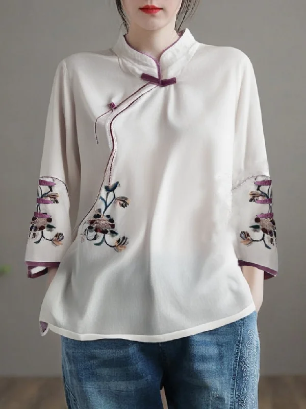 Grace White Embroidered Button Blouse Tops Half SleeveCasual Shirts