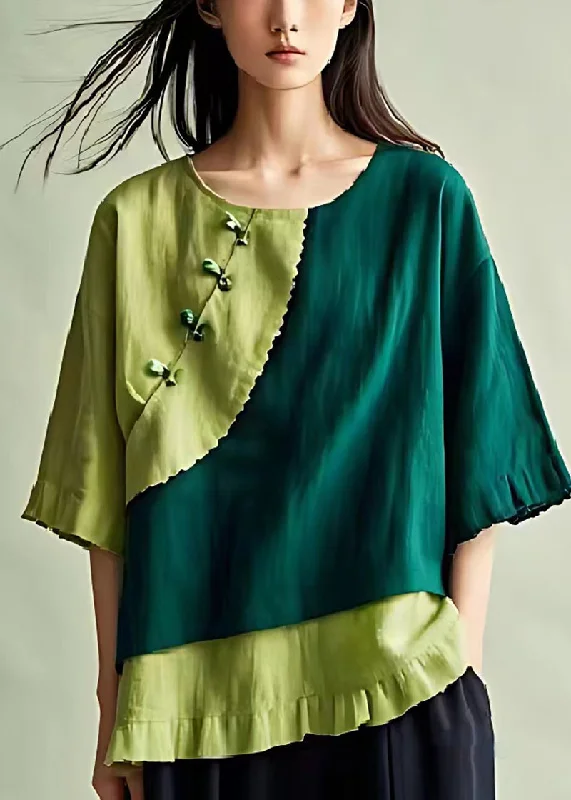 Green Patchwork Linen Blouses Chinese Button Ruffled SummerTunic Shirts