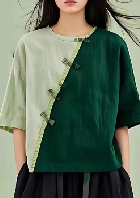 Green Patchwork Linen Blouses Chinese Button Wrinkled SummerStriped Shirts