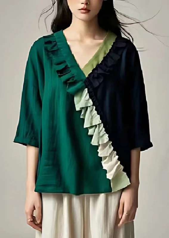 Handmade Dull Green Ruffled Patchwork Linen Blouse Top SummerLayered Shirts