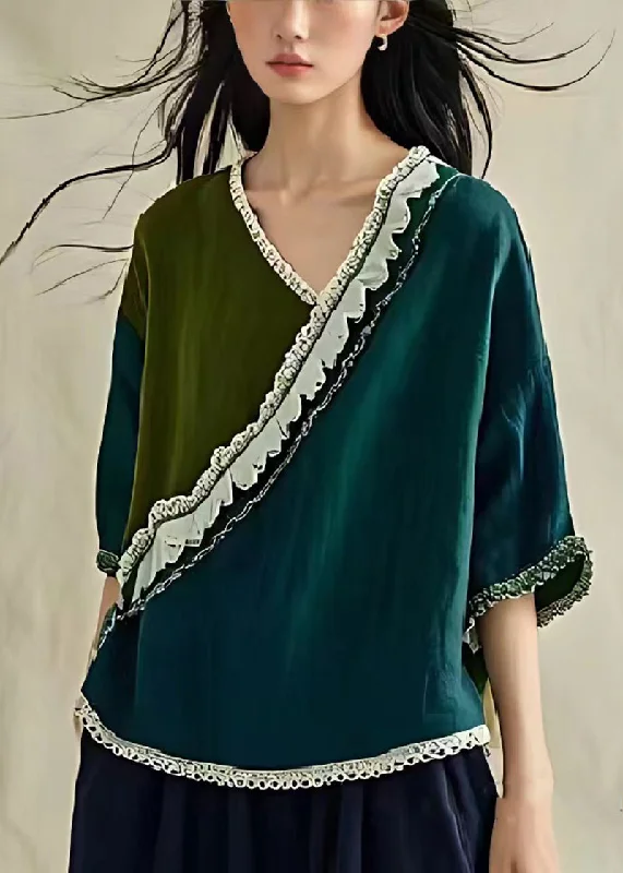 Italian Peacock Green Asymmetrical Patchwork Linen Blouse Top SummerAsymmetrical Shirts