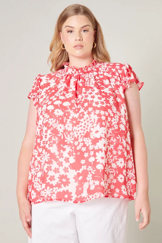 Kennedy Coral Floral Sun Up Mock Neck Blouse CurveRecycled Fabric Shirts