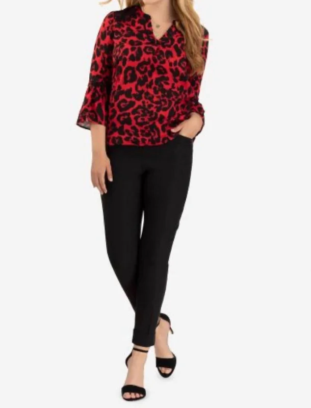 Leopard Bell Sleeve Blouse In RedSlim Fit Shirts