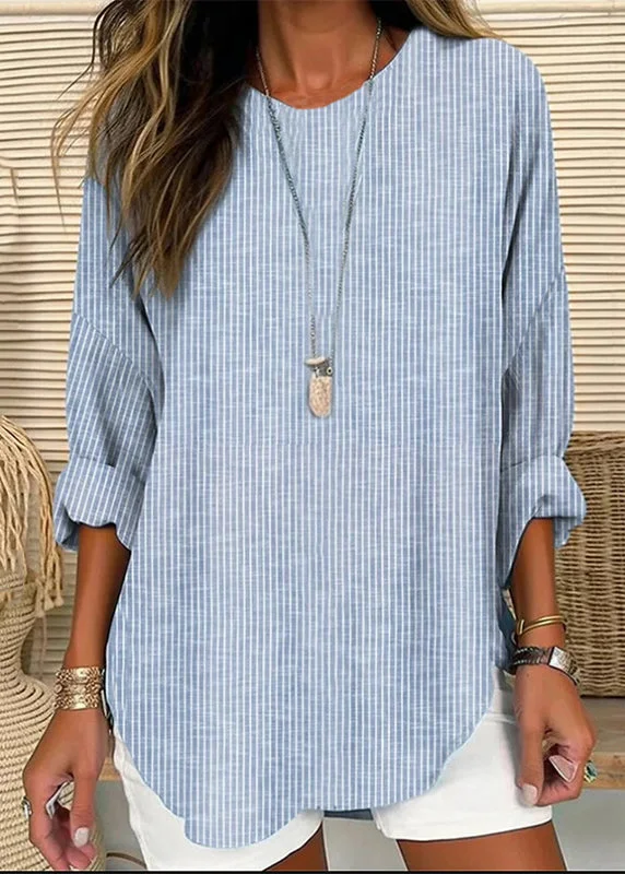 Loose Blue Striped O-Neck Patchwork Cotton Blouses FallYoga Shirts