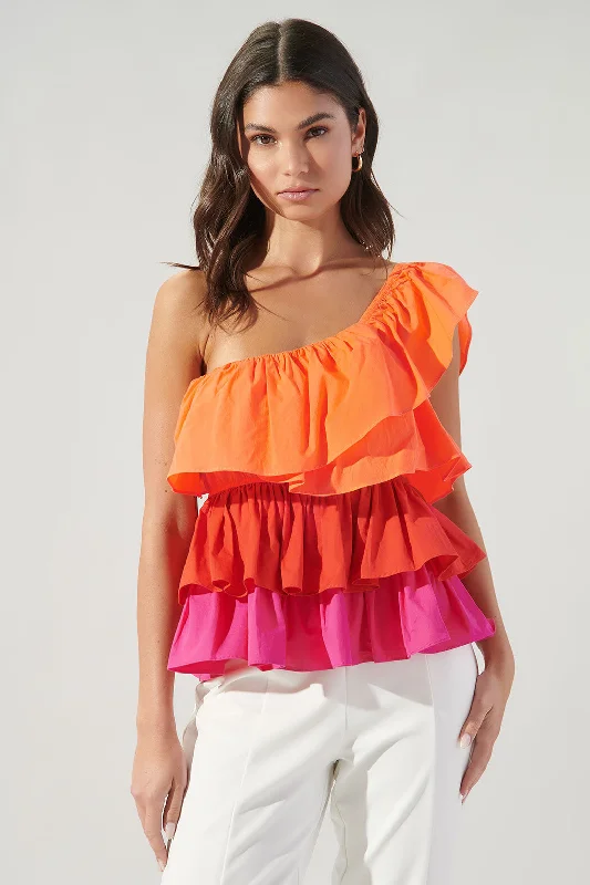 Luciana Colorblock One Shoulder Ruffle BlouseBamboo Shirts