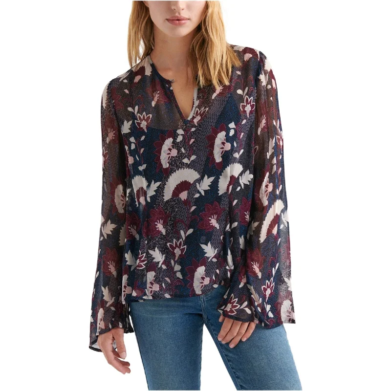 Lucky Brand Womens Printed Peasant Blouse, Black, MediumRuffled Shirts