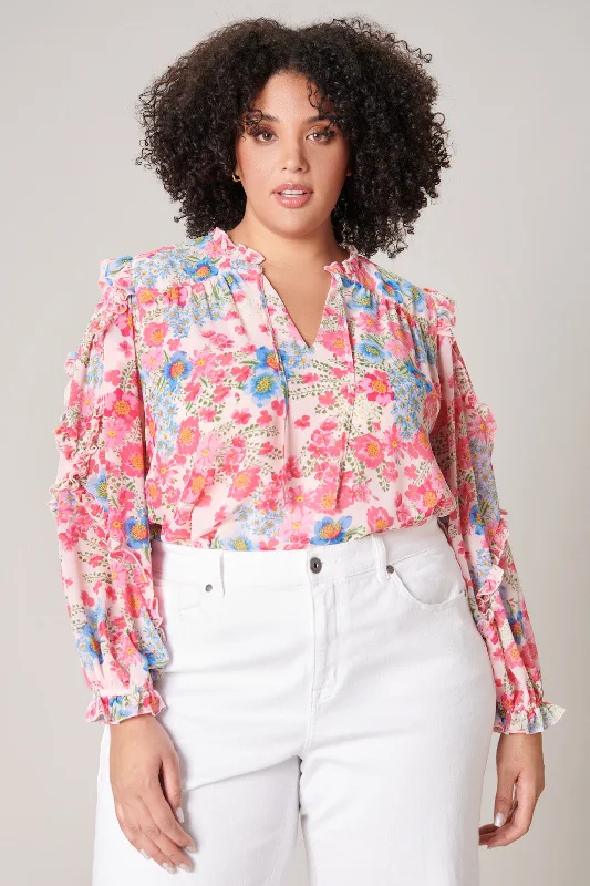 Macaron Floral Raj Ruffle Balloon Sleeve Blouse CurveTravel Shirts