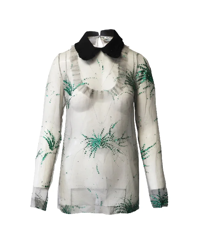 Miu Miu Sheer Embellished Blouse in Black SilkRunning Shirts