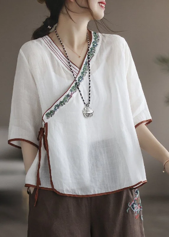 Modern White Embroideried Patchwork Linen Blouse Top SummerPolka Dot Shirts