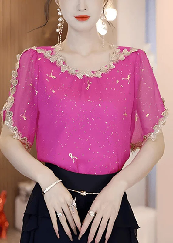 Natural Rose O Neck Sequins Patchwork Chiffon Blouse Tops SummerFishing Shirts