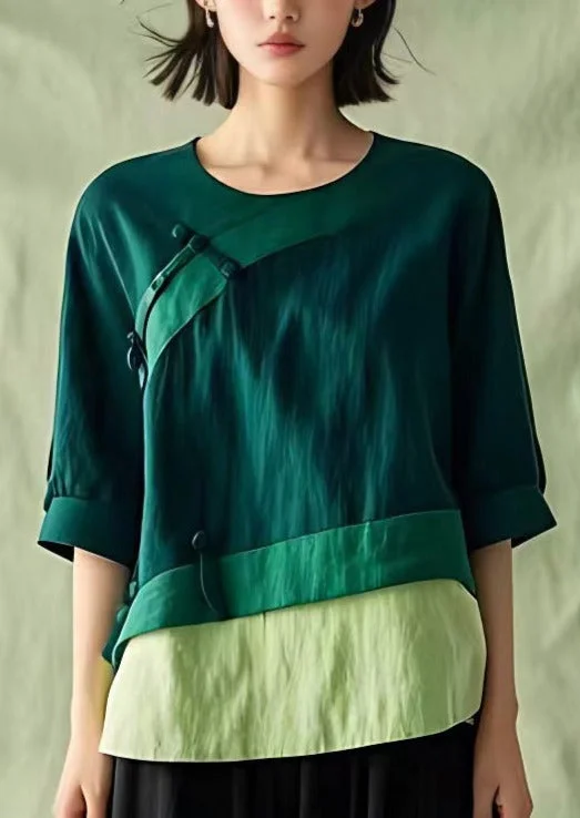 New Green O Neck Button Linen Blouses Half SleeveEmbellished Shirts